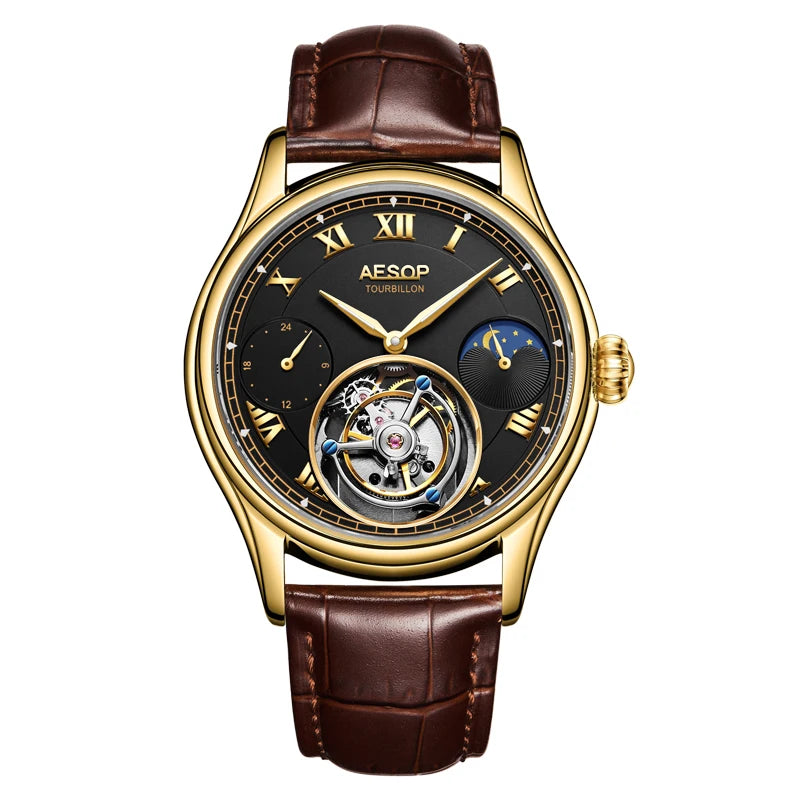 Aesop Gold Tourbillon Automatic Mechanical Wristwatches Men Leather Watch With Roman Number Men Watch Luxury Tourbillon