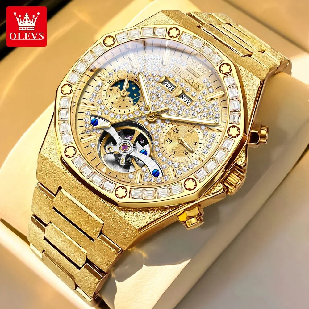 OLEVS 9805 Fashion Tourbillon Men Watch Moon Phase Calendar Week Waterproof Watch Luxury Fully Automatic Mechanical Clock Reloj
