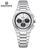 NAVIFORCE Trend Silver Blue Stainless Steel Couple Quartz Watches Calendar Chronograph for Lovers Waterproof Fashion Men Watch