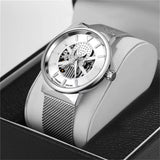Forsining Hollow Out Mechanical Watches Engraved Luminous Hands Mesh Stainless Steel Band Black Skeleton Automatic Men Watch
