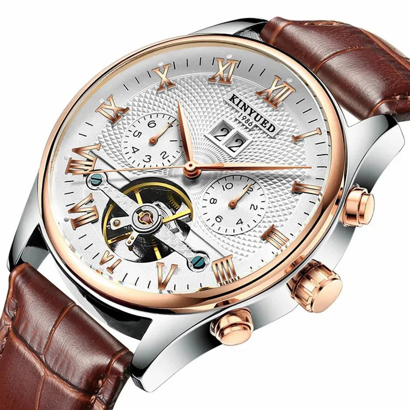 KINYUED J012 Montre De Luxe Homme Fashion Business Men Watch Leather Strap Sport Wristwatch Automatic Mechanical Watch for Male