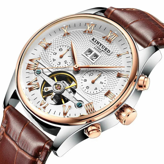 KINYUED J012 Montre De Luxe Homme Fashion Business Men Watch Leather Strap Sport Wristwatch Automatic Mechanical Watch for Male