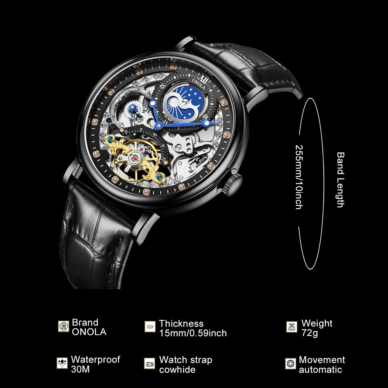 ONOLA 6836 Skeleton Tourbillon Watch - Gold Silver Automatic