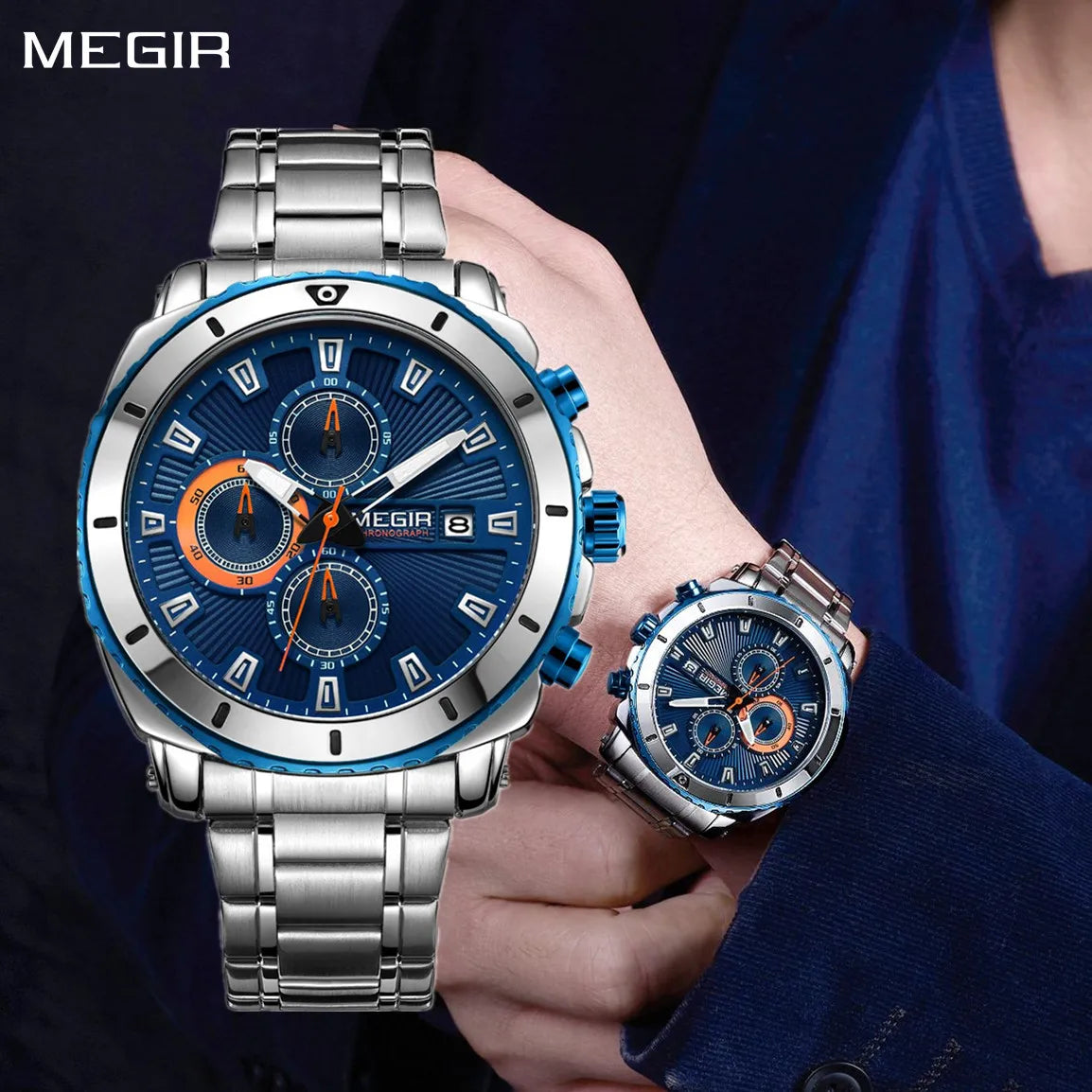 MEGIR 2075 business chronograph watch showing subdials and date window
