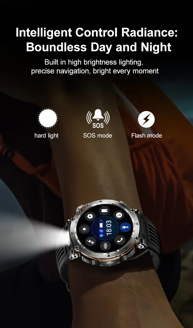 Flashlight Smart Watch Men BT Calls Voice Assistant Watchproof Heart Rate Monitor Remote Control Photography Outdoor Compass - Wear444