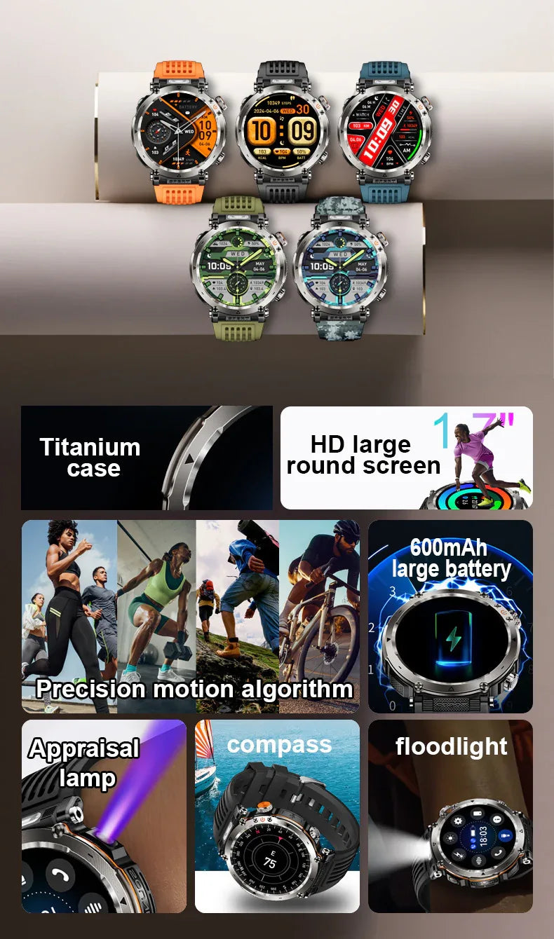 Flashlight Smart Watch Men BT Calls Voice Assistant Watchproof Heart Rate Monitor Remote Control Photography Outdoor Compass - Wear444