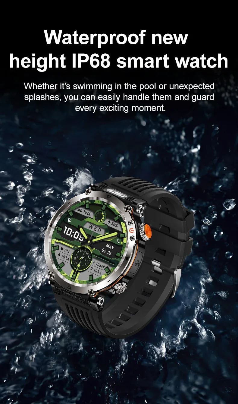Flashlight Smart Watch Men BT Calls Voice Assistant Watchproof Heart Rate Monitor Remote Control Photography Outdoor Compass - Wear444