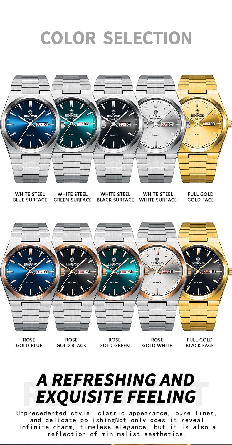 BINBOND Top Brand Luxury Men Quartz Watches Original Watch for Man Waterproof Luminous Date Week Stainless Steel Wristwatch Male