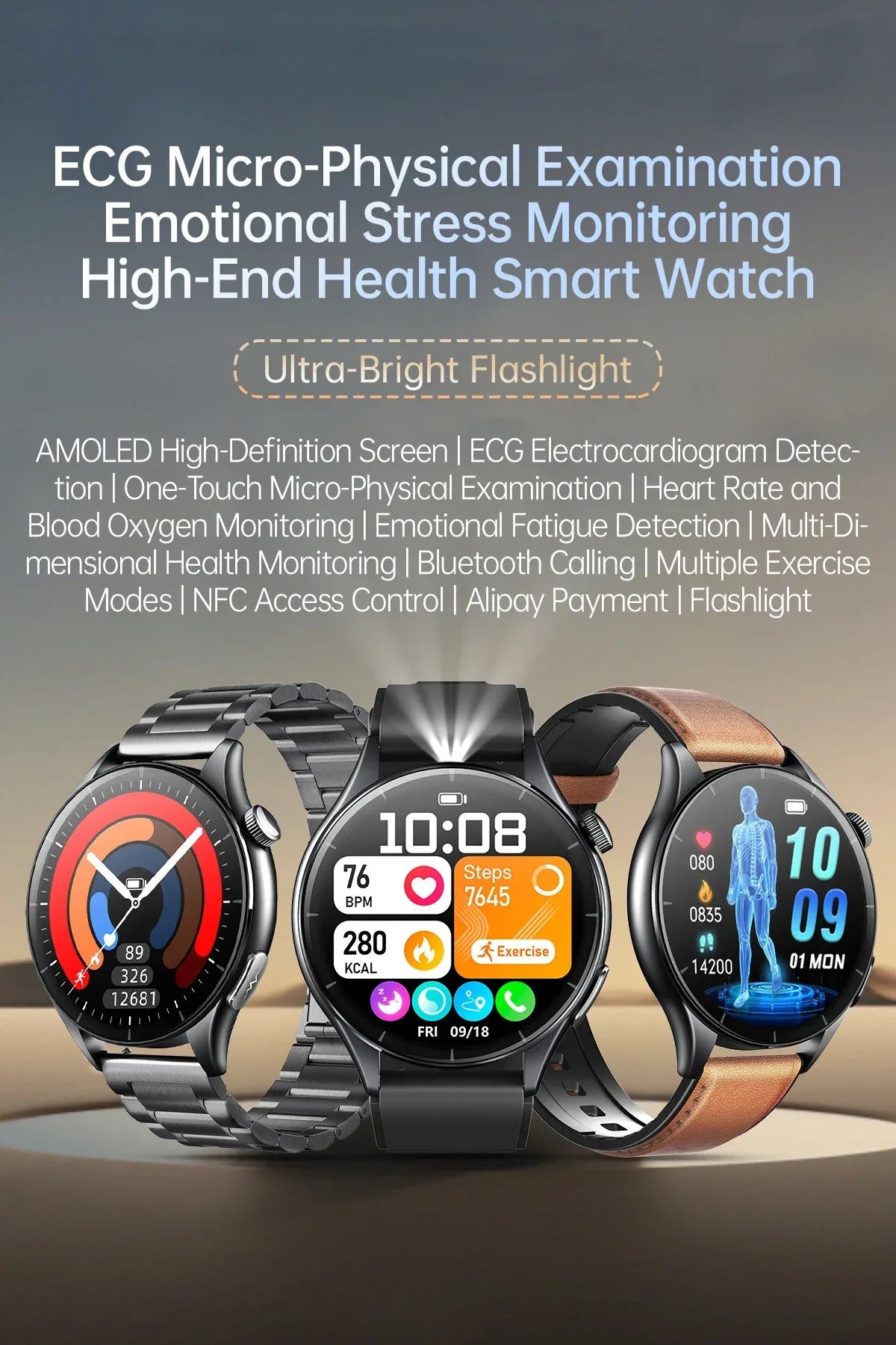 2025 New NFC+ECG+PPG Health Smart Watch BMI Fat Heart Rate Blood Pressure Watch 380mAh BT Call IP68 Waterproof Sports Bracelet - Wear444