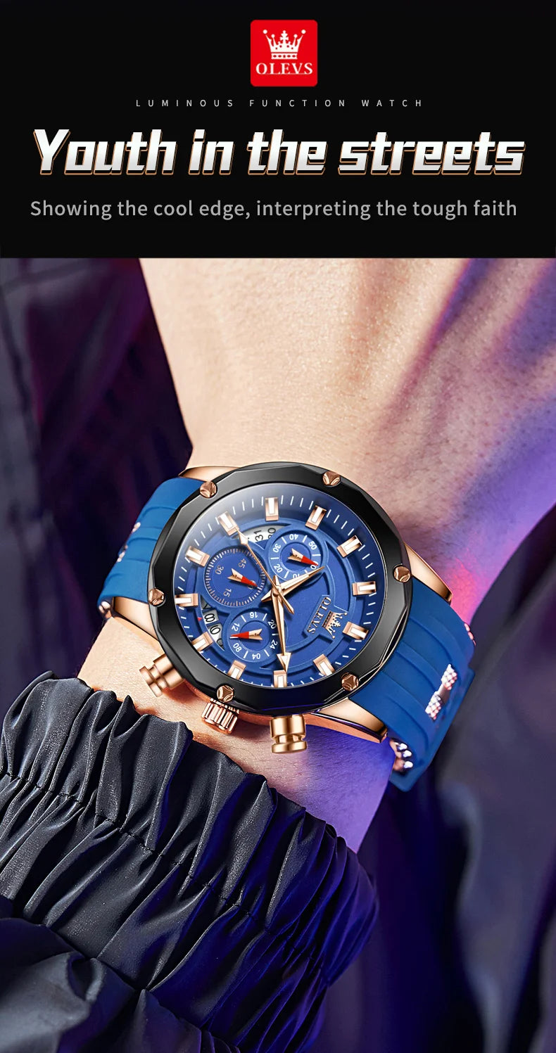 OLEVS Blue Sport Watch - Luminous Rubber Band Athletic