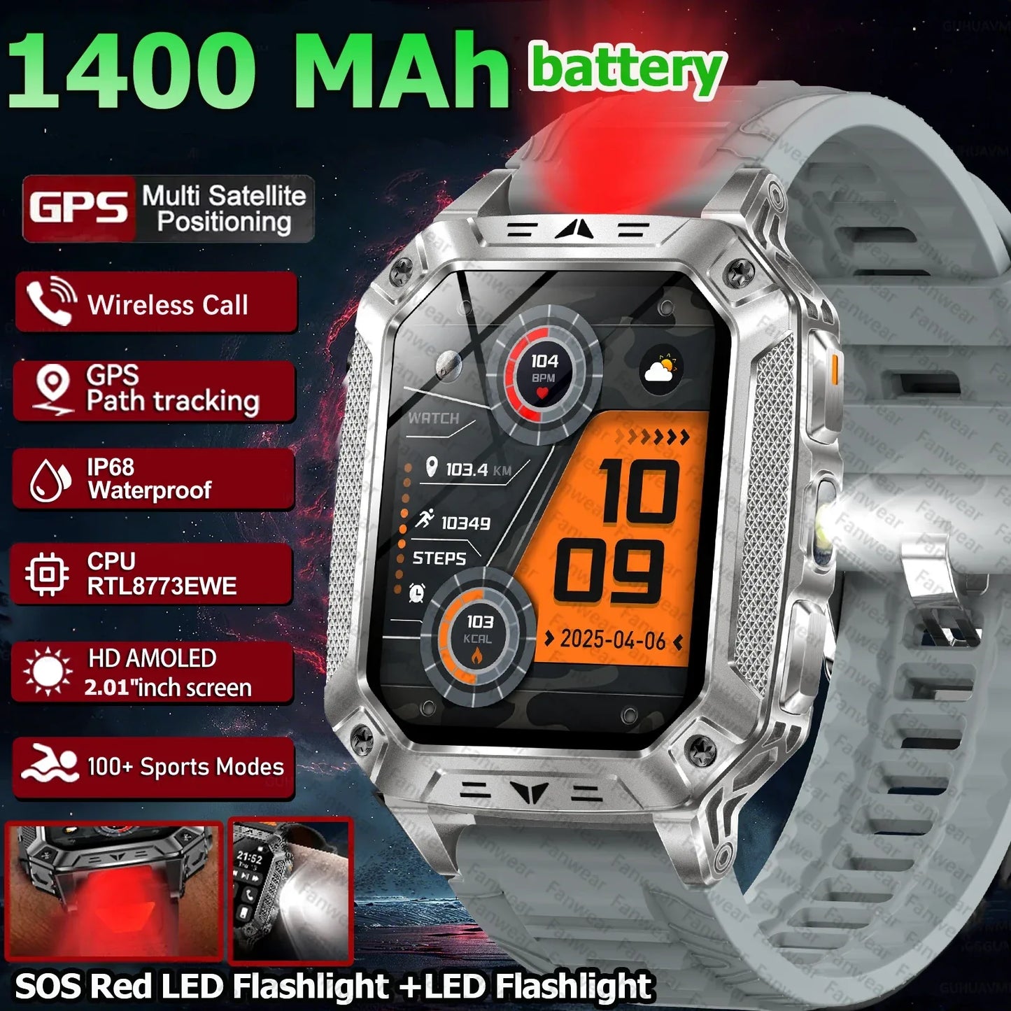 Robust military smart watch 1400Mah battery fitness tracking 10ATM waterproof tactical sports flashlight men's phone watch - Wear444