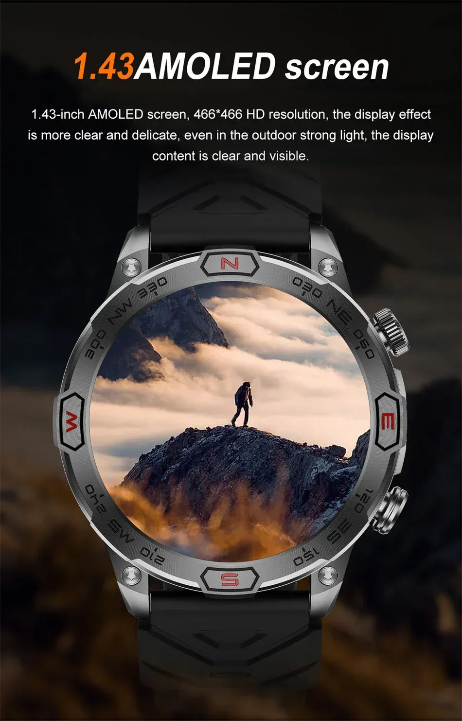 2025New Smart Watch AMOLED Screen GPS Sport Fitness Waterproof LED Lights Compass HD Call Call Smartwatch For Android iOS man - Wear444