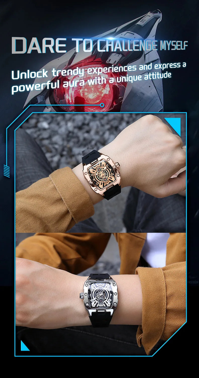 MEGIR Fashion Sport Quartz Watch for Men Tonneau Case Waterproof Luminous Hands Wristwatch with Silicone Strap Hollowed-out Dial