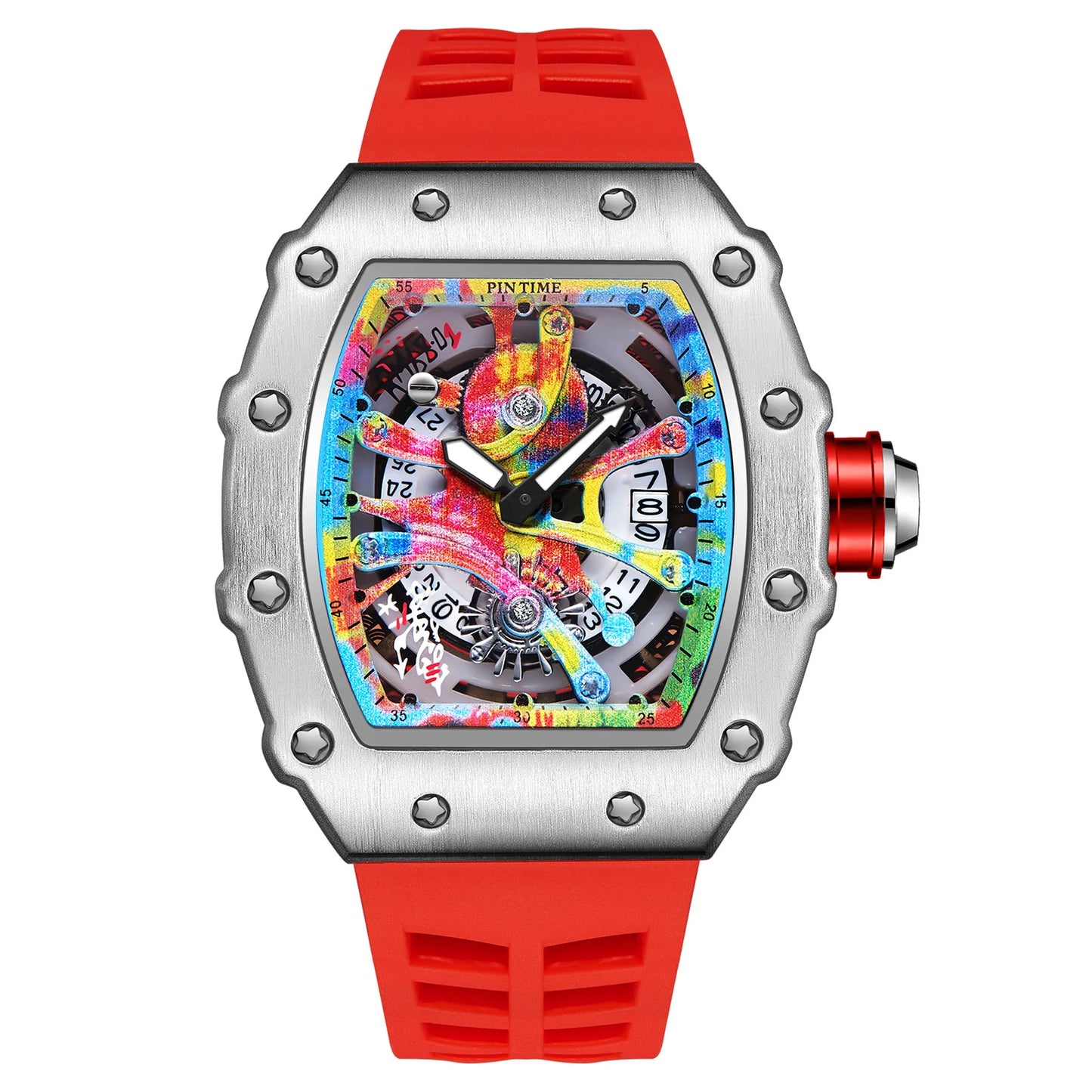 Fashion Mechanical Man Watches Classic Colorful RM Desgin Automatic Visable Wristwatch Causal Men Watch Rubber Strap Belt
