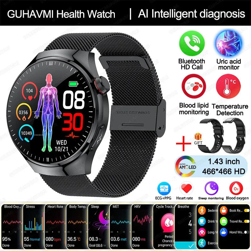 2025 New Nursing Grade Smart Watch Blood oxygen Blood Lipid Uric Acid ECG+PPG Body Temperature Bluetooth Call Health Smartwatch - Wear444