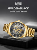 LIGE Fashion Quartz Watches For Men Gold Skeleton Retro Men Watch Top Brand Luxury Sport Waterproof Watch Men Relogios Masculino