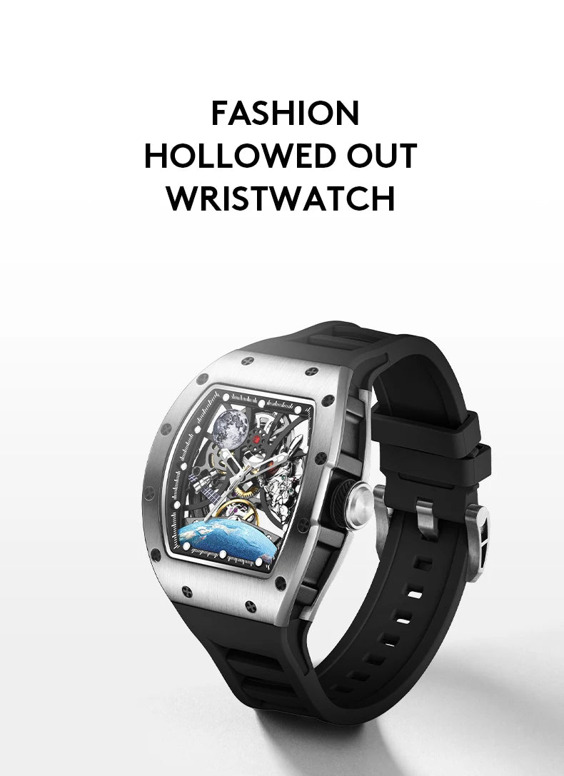 Men's Automatic Watches for Men Fashion Tonneau Mechanical Clock Earth Dial Waterproof Luxury Luminous Skeleton Mens WristWatch