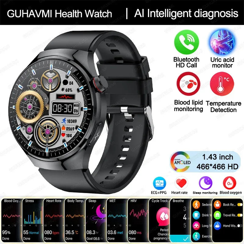 2025 New Nursing Grade Smart Watch Blood oxygen Blood Lipid Uric Acid ECG+PPG Body Temperature Bluetooth Call Health Smartwatch - Wear444