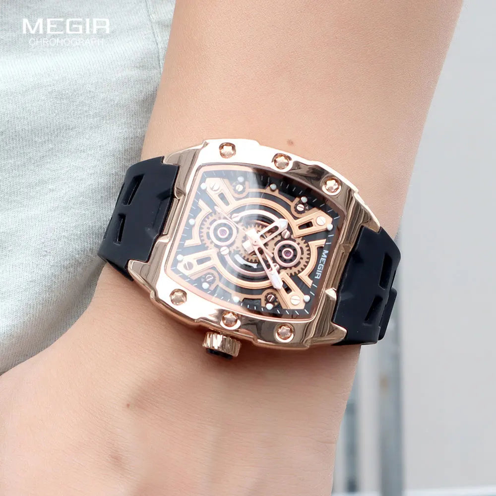 MEGIR Fashion Sport Quartz Watch for Men Tonneau Case Waterproof Luminous Hands Wristwatch with Silicone Strap Hollowed-out Dial
