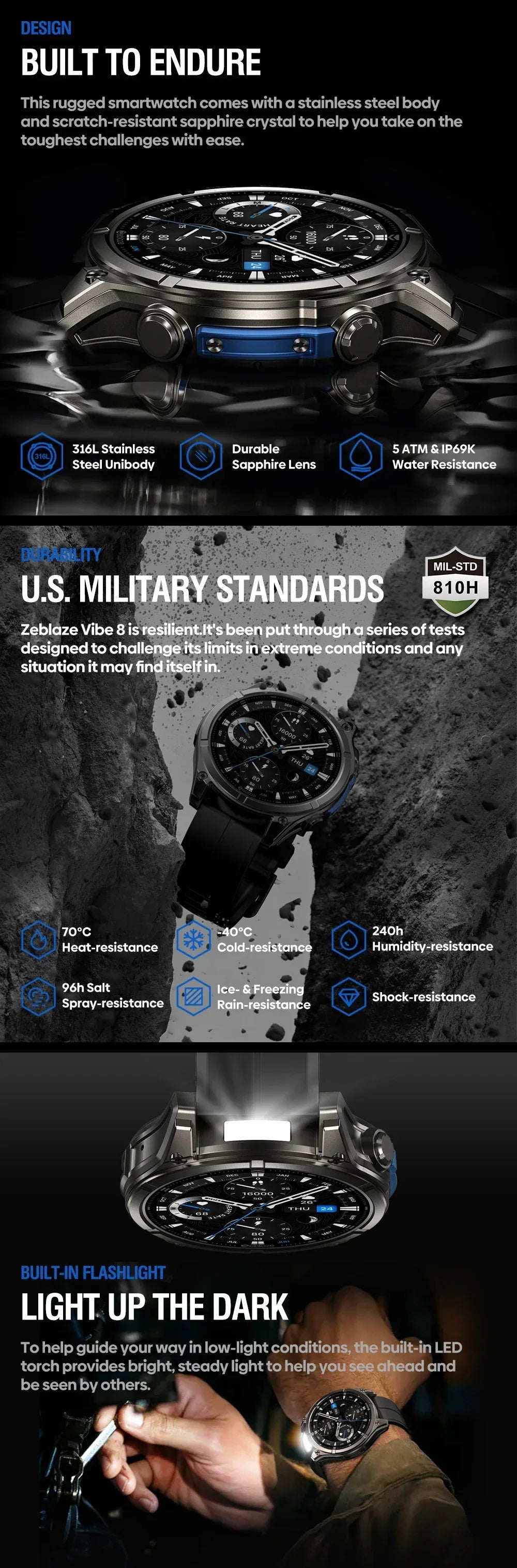 New Zeblaze VIBE 8 AMOLED Display Built-in Flashlight Smartwatch Sapphire Lens Make/Receive Calls HR/BP Monitoring Smart Watch - Wear444