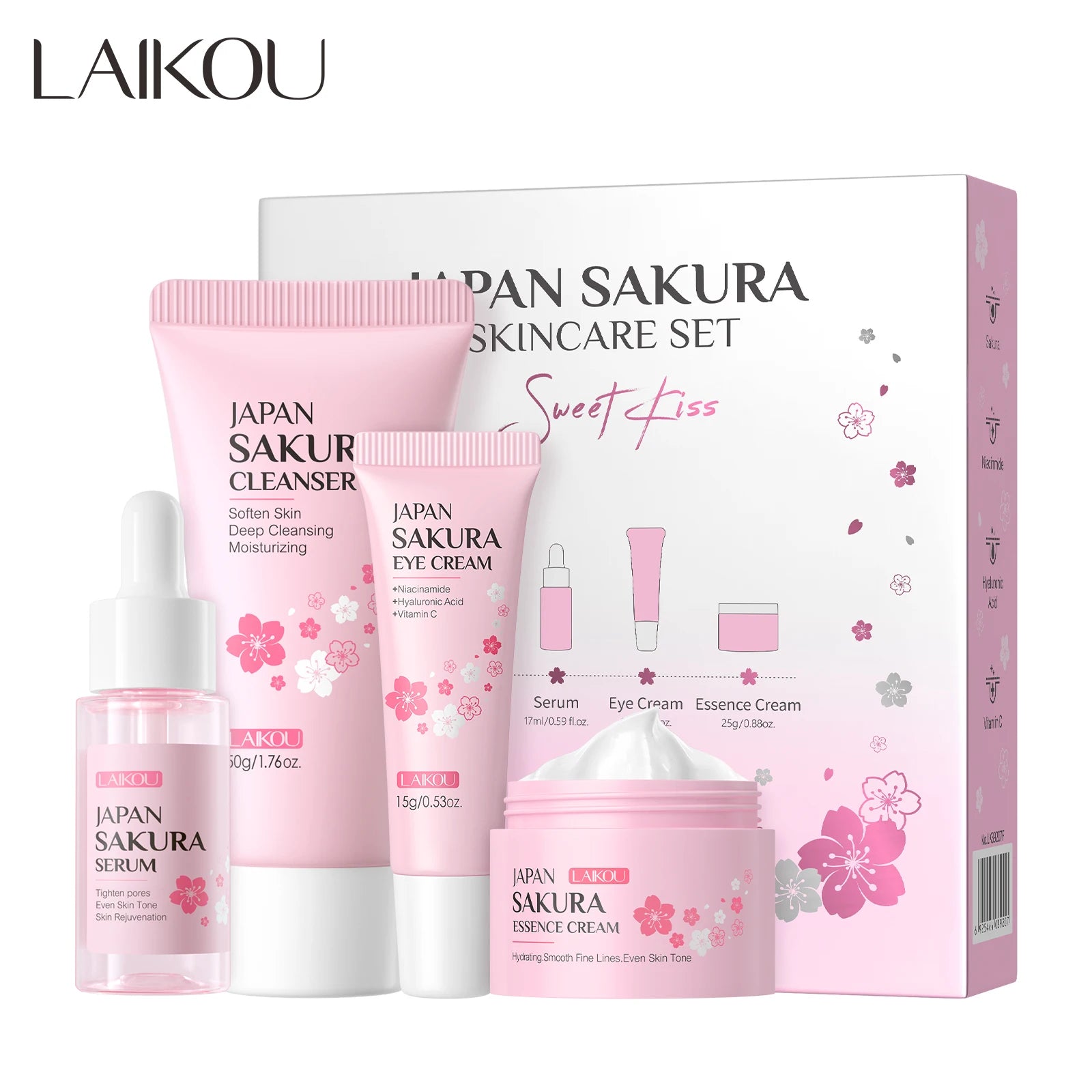 4pcs sakura skincare set mild non-irritating nourishing moisturizing cleanser serum eye cream face cream set
