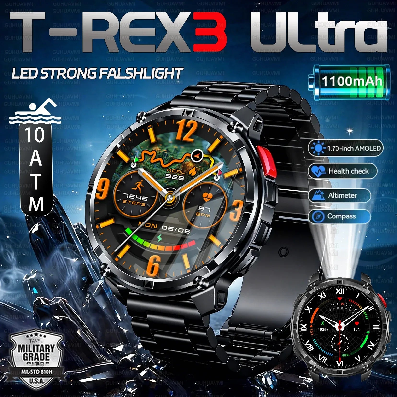 Military Men T-Rex3 Ultra GPS Track Smart Watch 1100mAh Battery Bluetooth Call Waterproof Flashlight Compass Outdoor Smart watch - Wear444