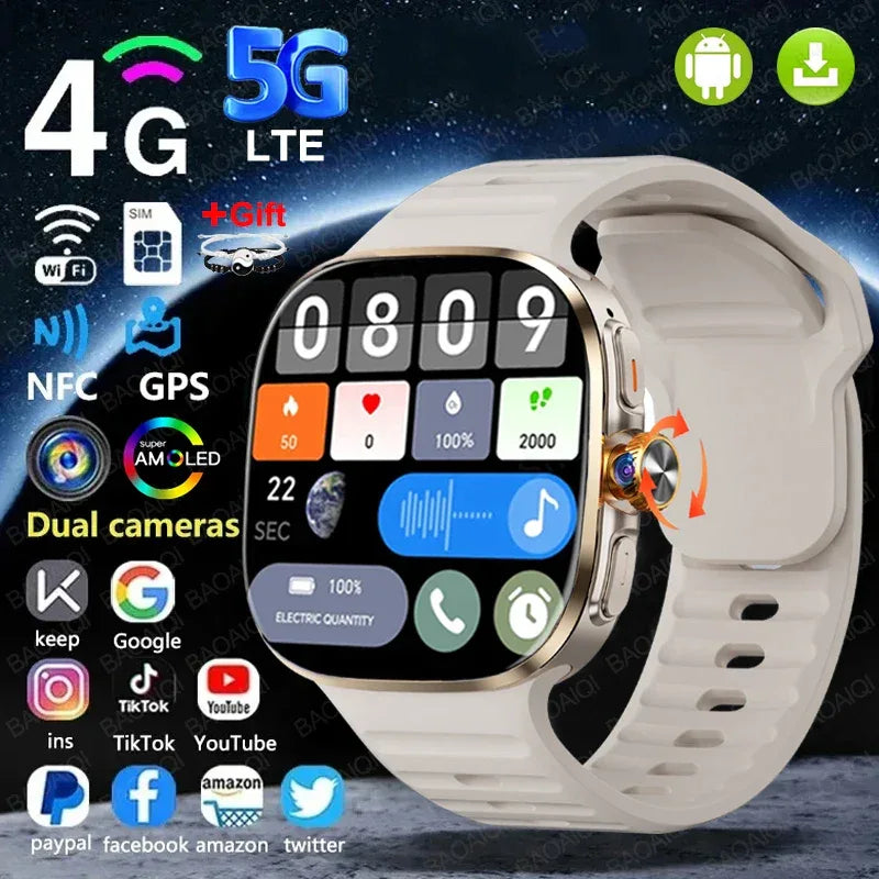 5G/4G Full Network Smart Watch 720*720 AMOLED Screen 16GB+256GB RAM Video Call 900W Camera GPS WIFI Google 2100 mAh Smartwatch - Wear444