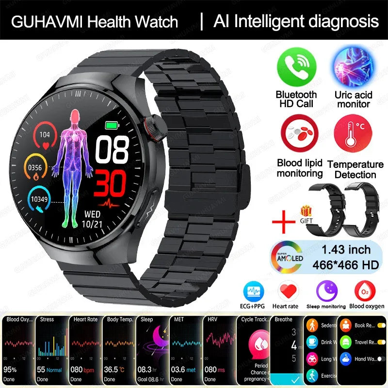 2025 New Nursing Grade Smart Watch Blood oxygen Blood Lipid Uric Acid ECG+PPG Body Temperature Bluetooth Call Health Smartwatch - Wear444