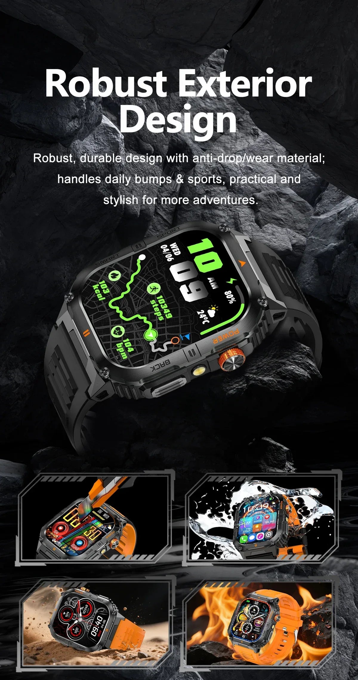 New 1000mAh military outdoor smartwatch for men, LED flashlight, IP68 waterproof, GPS sports, 2.01-inch Bluetooth call smartwatc - Wear444