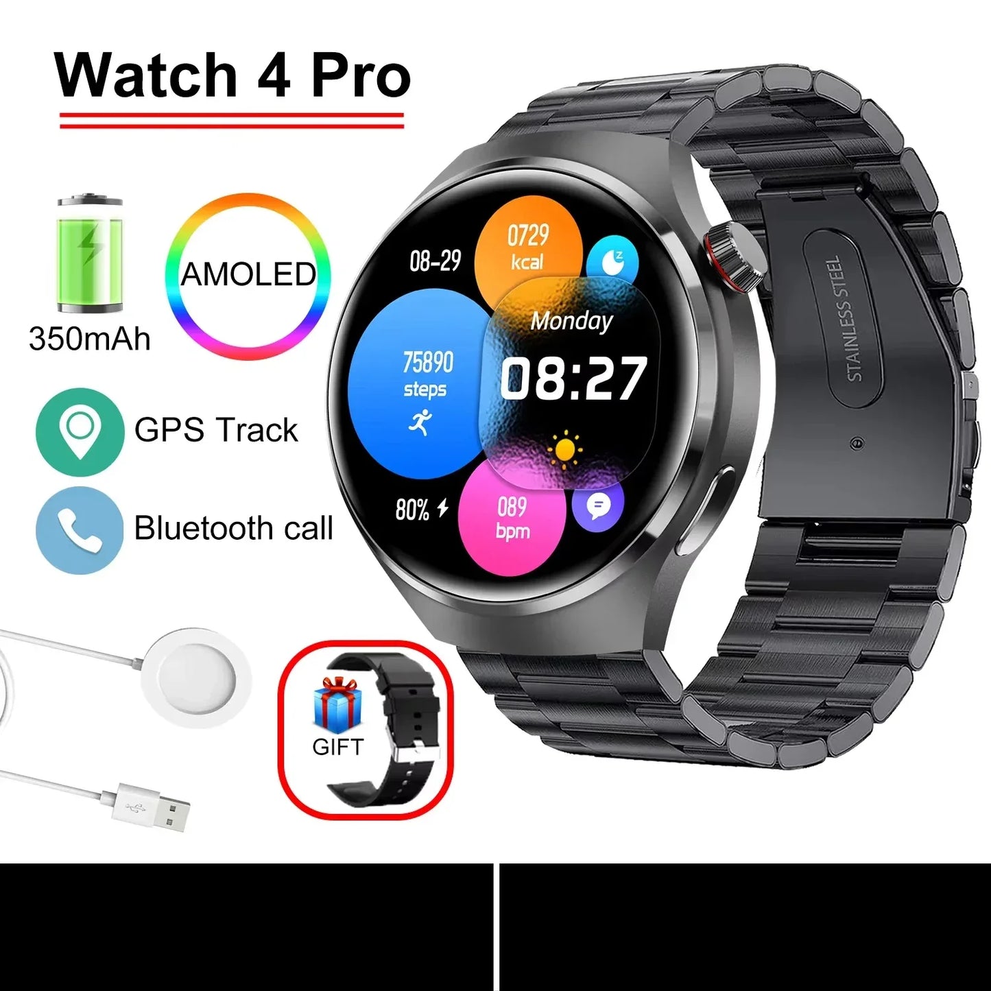 Gift Man Health Monitor Waterproof BT Call NFC AMOLED Screen 360*360 GPS Track Compass New military GT4 Pro 2026 SmartWatch Men - Wear444