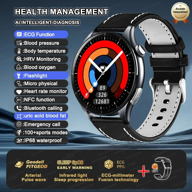2025 New NFC+ECG+PPG Health Smart Watch BMI Fat Heart Rate Blood Pressure Watch 380mAh BT Call IP68 Waterproof Sports Bracelet - Wear444