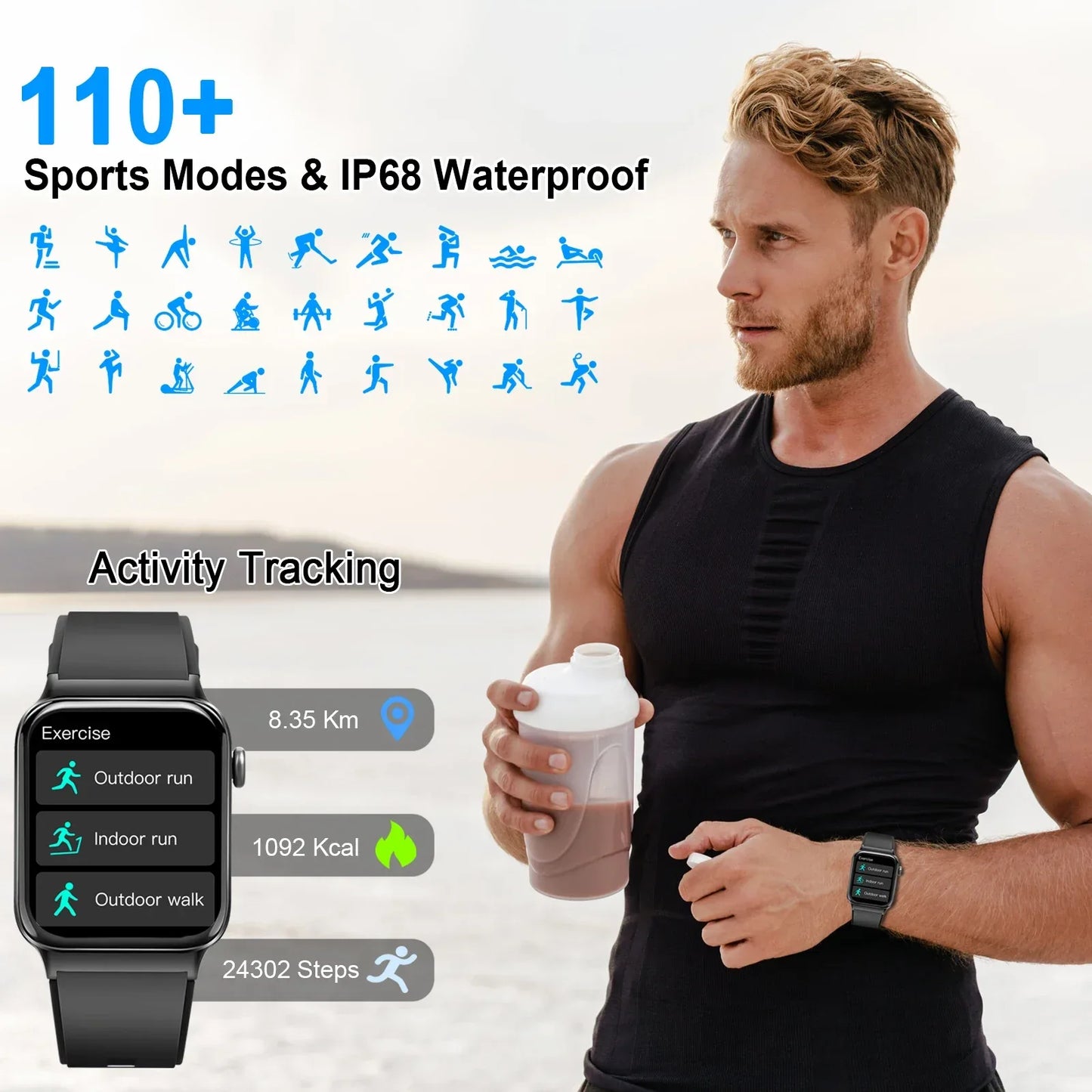 Smart Watch, 1.85" Smartwatch (Answer/Make Call), IP68 Waterproof Fitness Tracker, 100+ Sport Modes, Heart Rate and Sleep Monito - Wear444