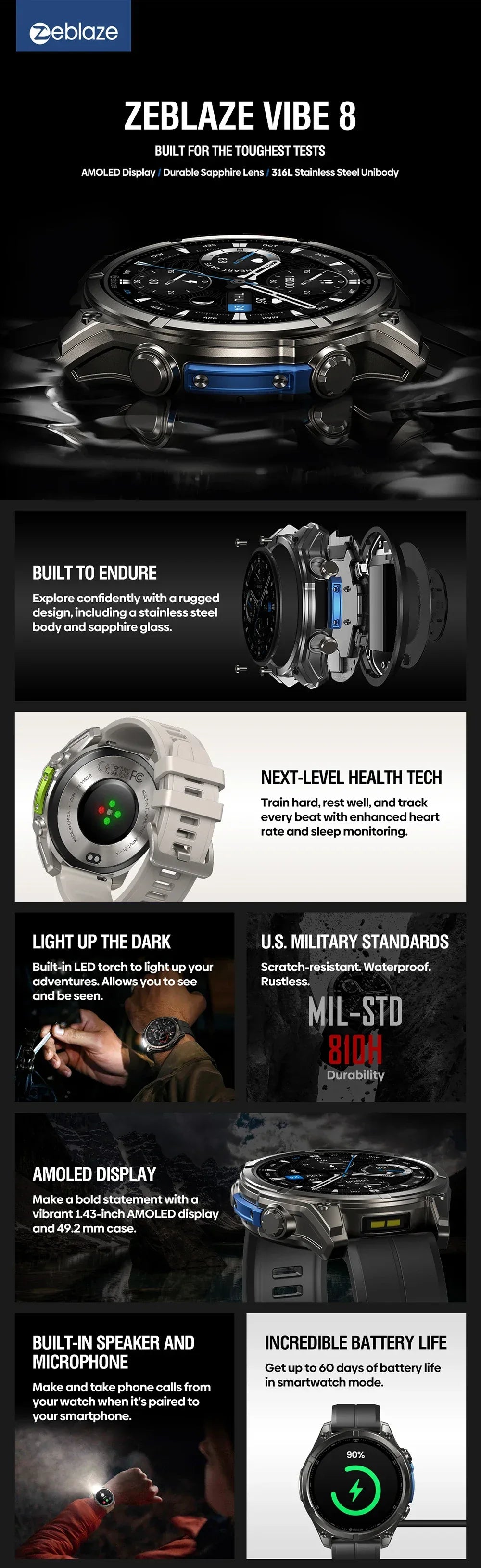 New Zeblaze VIBE 8 AMOLED Display Built-in Flashlight Smartwatch Sapphire Lens Make/Receive Calls HR/BP Monitoring Smart Watch - Wear444