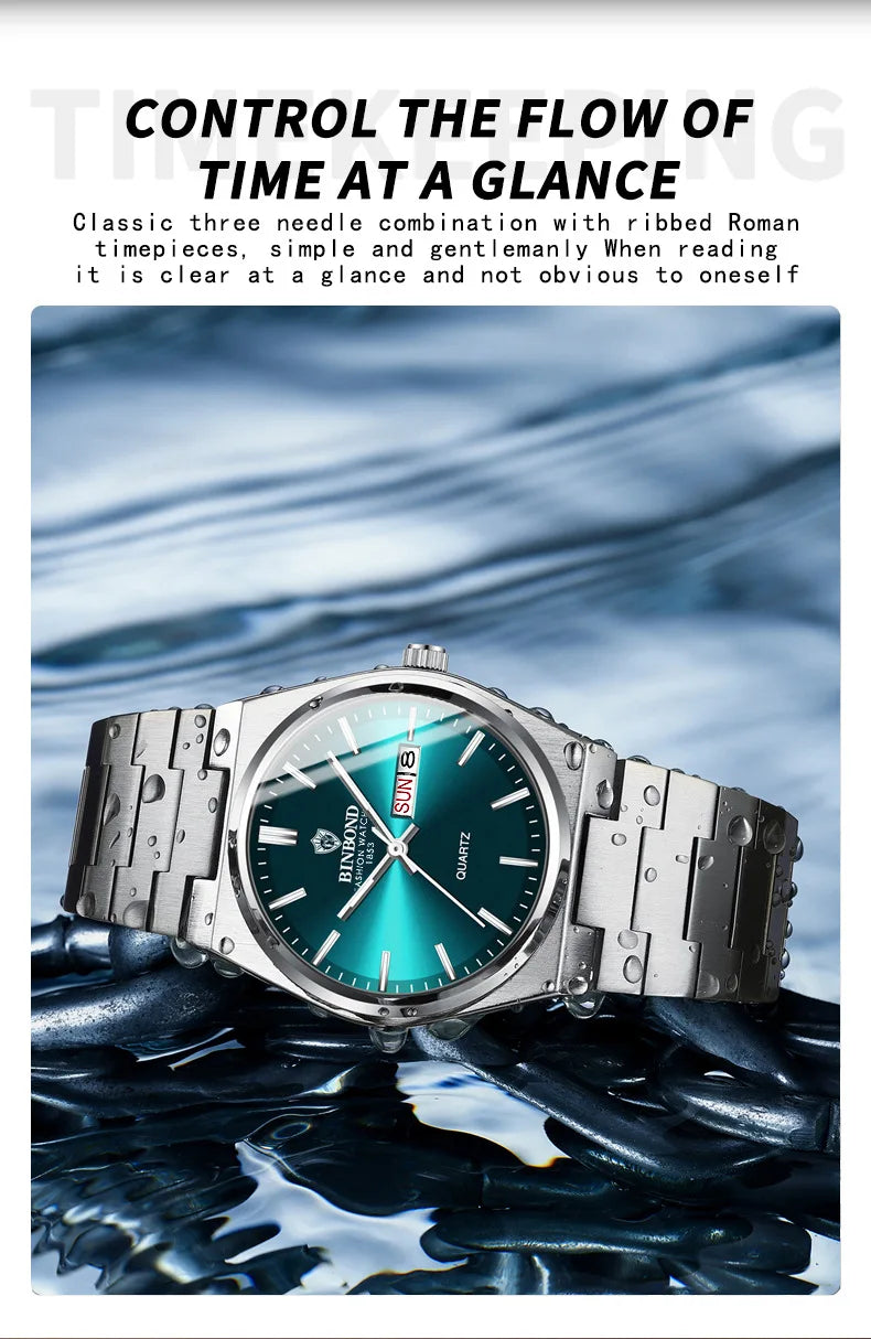 BINBOND Top Brand Luxury Men Quartz Watches Original Watch for Man Waterproof Luminous Date Week Stainless Steel Wristwatch Male