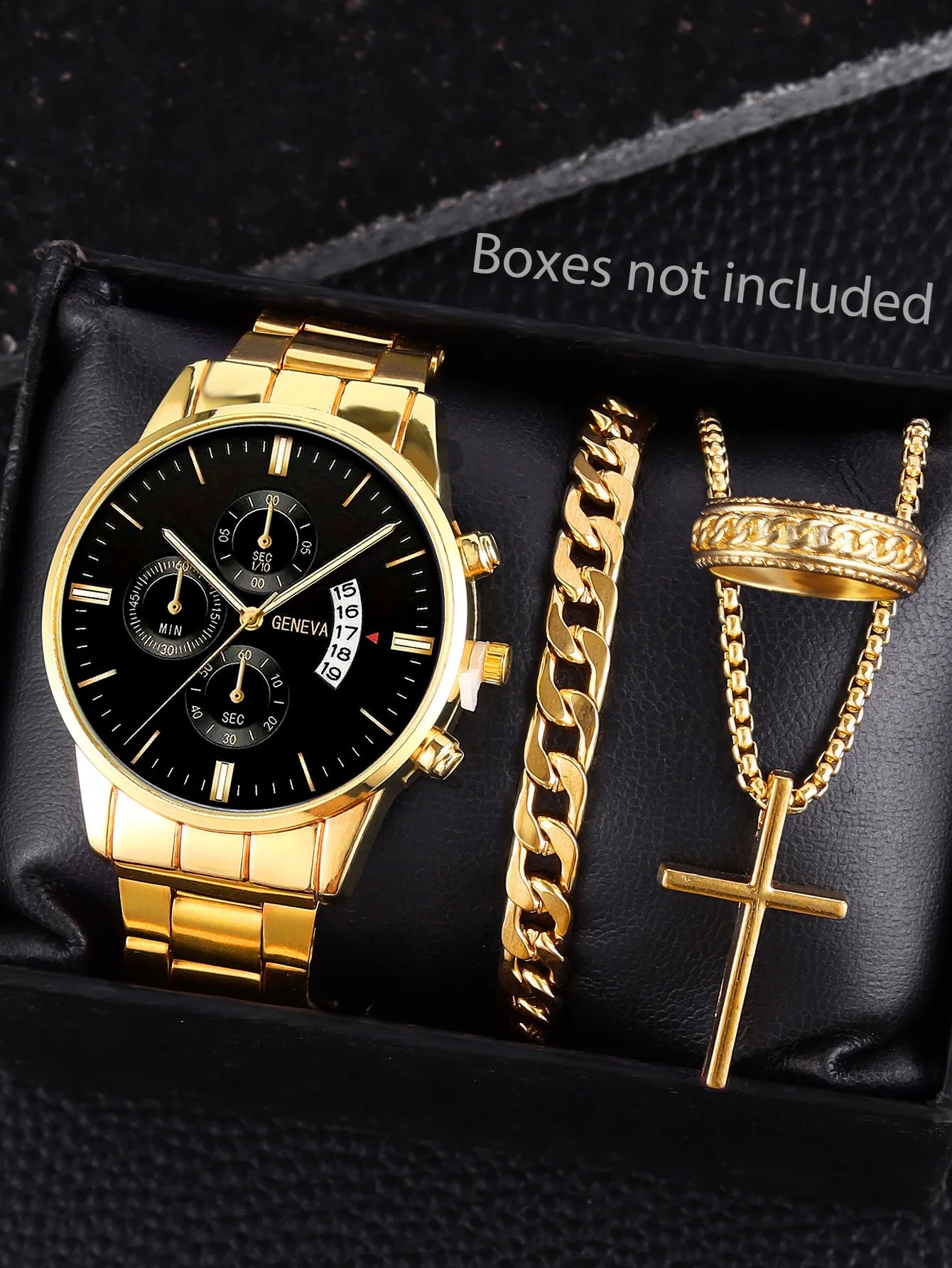 Fashionable men's quartz watch band calendar with bracelet necklace ring set party gift