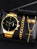 Fashionable men's quartz watch band calendar with bracelet necklace ring set party gift