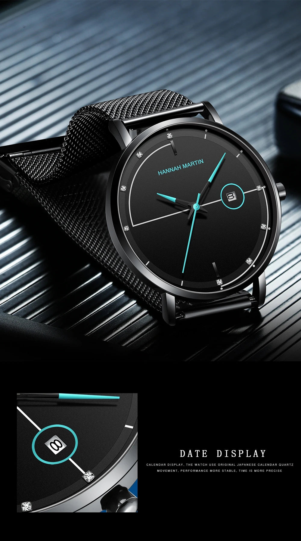 Top Men Quartz Watch With Japanese Movement Simple Blue Black Stainless Steel Mesh Belt Waterproof Travel Fashion Men Wristwatch