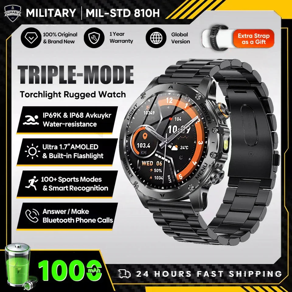 2025 New Military T-Rex 3 Ultra 1000mAh Battery Smart Watch 5ATM Waterproof Flashlight Heart Rate Sports tracker Smartwatch Men - Wear444