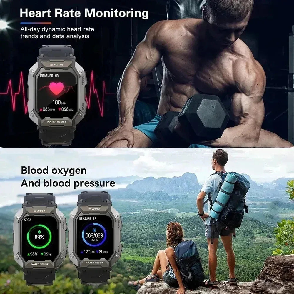 Military Smart Watch Men Carbon Black Ultra Army Outdoor 5ATM Waterproof Sports Smartwatch 2024 Heart Rate Blood Oxygen Monitor - Wear444
