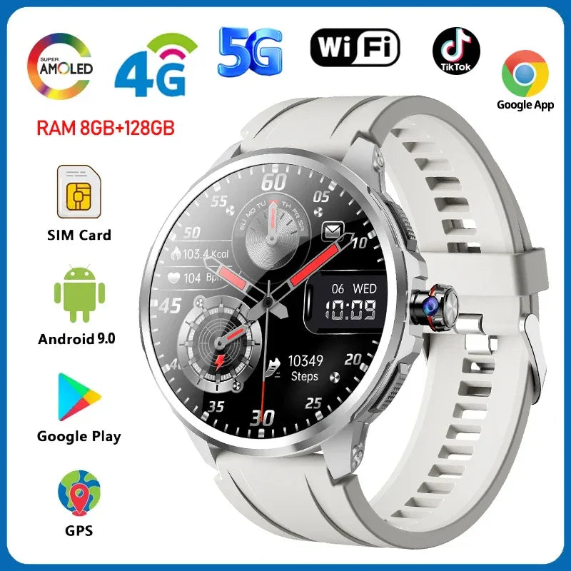 8GB+128GB RAM 5G/4G Smart Watch 1.95 inch AMOLED 2100mah Battery 900W Camera GPS WIFI Google APP Download Android 9.0 Smartwatch - Wear444