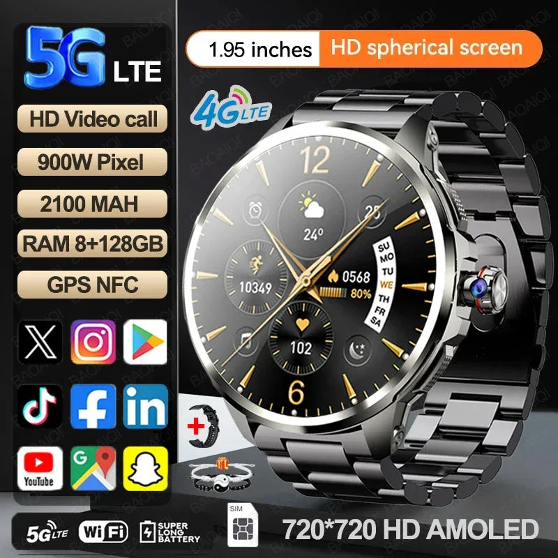 5G/4G Smart Watch 720*720 AMOLED 1.95 inch HD 900W Camera 8GB+128GB RAM 1990mAh Clock GPS WIFI Google APP Smartwatch Android 9.0 - Wear444