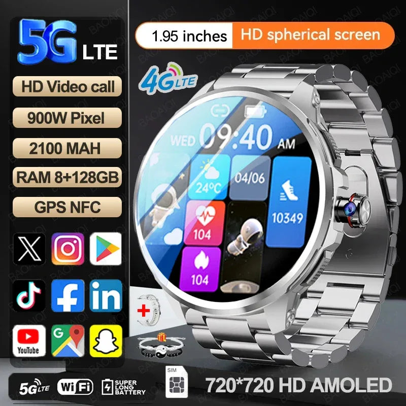5G/4G Smart Watch Men Fashion 1.95 inch 720*720 AMOLED 8GB+128GB RAM 2100mah Battery GPS WIFI Google APPS Smartwatch Android 9.0 - Wear444