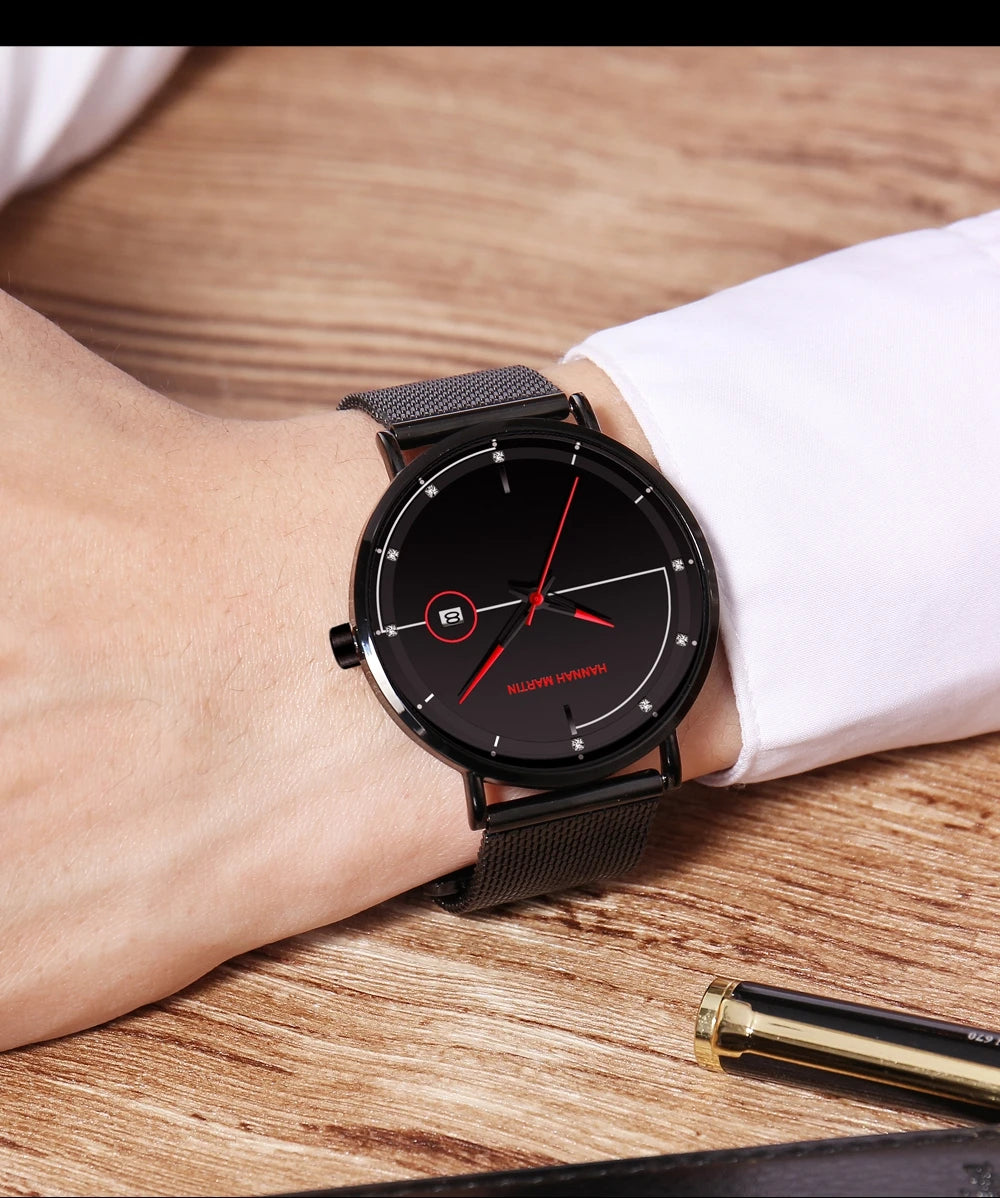 Top Men Quartz Watch With Japanese Movement Simple Blue Black Stainless Steel Mesh Belt Waterproof Travel Fashion Men Wristwatch