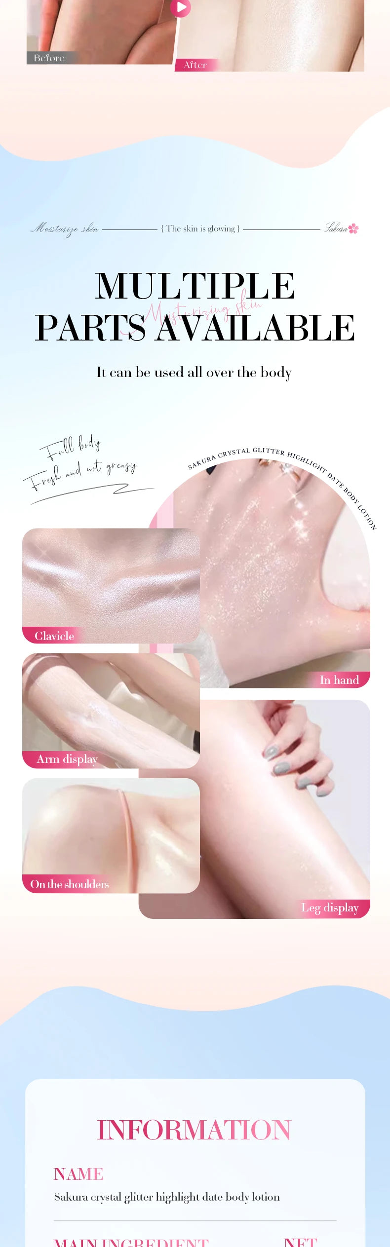Cherry Blossom Moisture Crystal Glow High Gloss Dating Cherry Blossom Scent Body Lotion Deep Moisturizing Hydrating Body Lotion