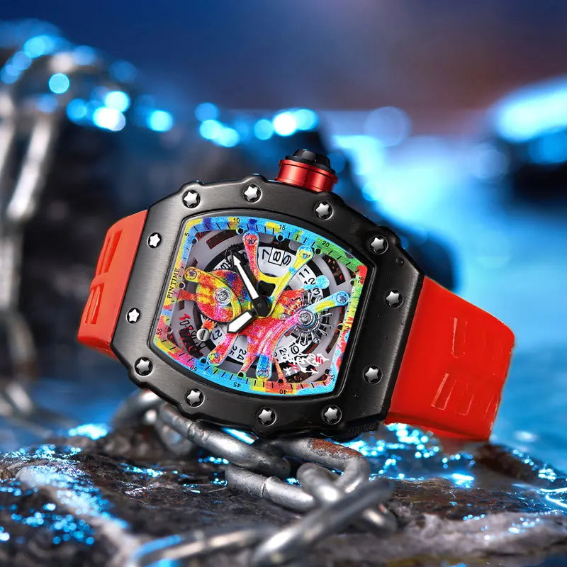 Fashion Mechanical Man Watches Classic Colorful RM Desgin Automatic Visable Wristwatch Causal Men Watch Rubber Strap Belt