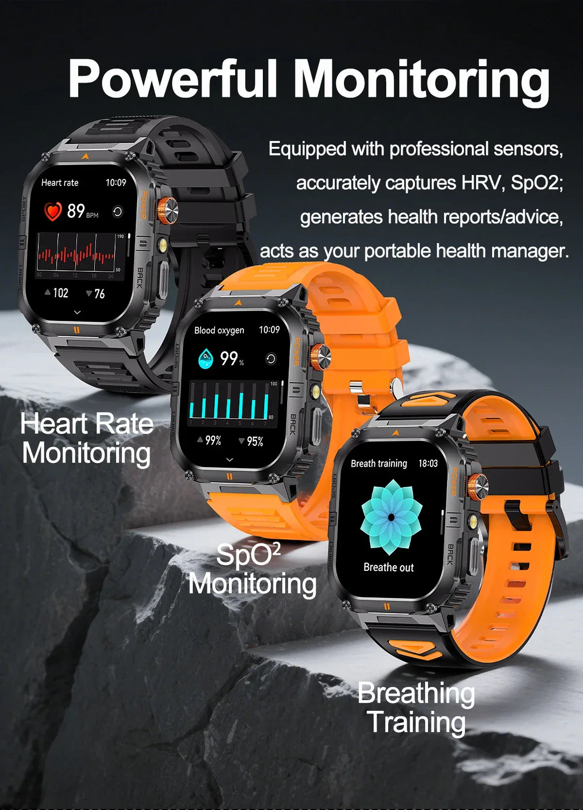 New 1000mAh military outdoor smartwatch for men, LED flashlight, IP68 waterproof, GPS sports, 2.01-inch Bluetooth call smartwatc - Wear444