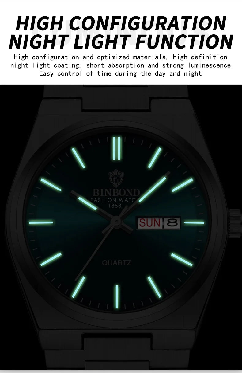 BINBOND Top Brand Luxury Men Quartz Watches Original Watch for Man Waterproof Luminous Date Week Stainless Steel Wristwatch Male