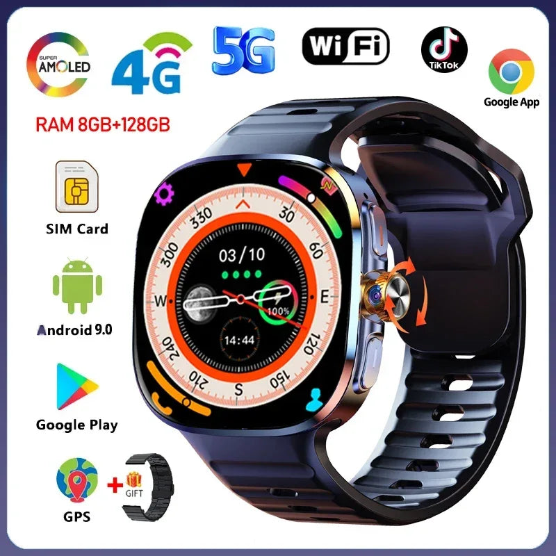 5G/4G Smart Watch 2.40 inch AMOLED 8GB+128GB RAM 2100mah Battery 900W Camera GPS WIFI Google APPS Download Android 10 Smartwatch - Wear444
