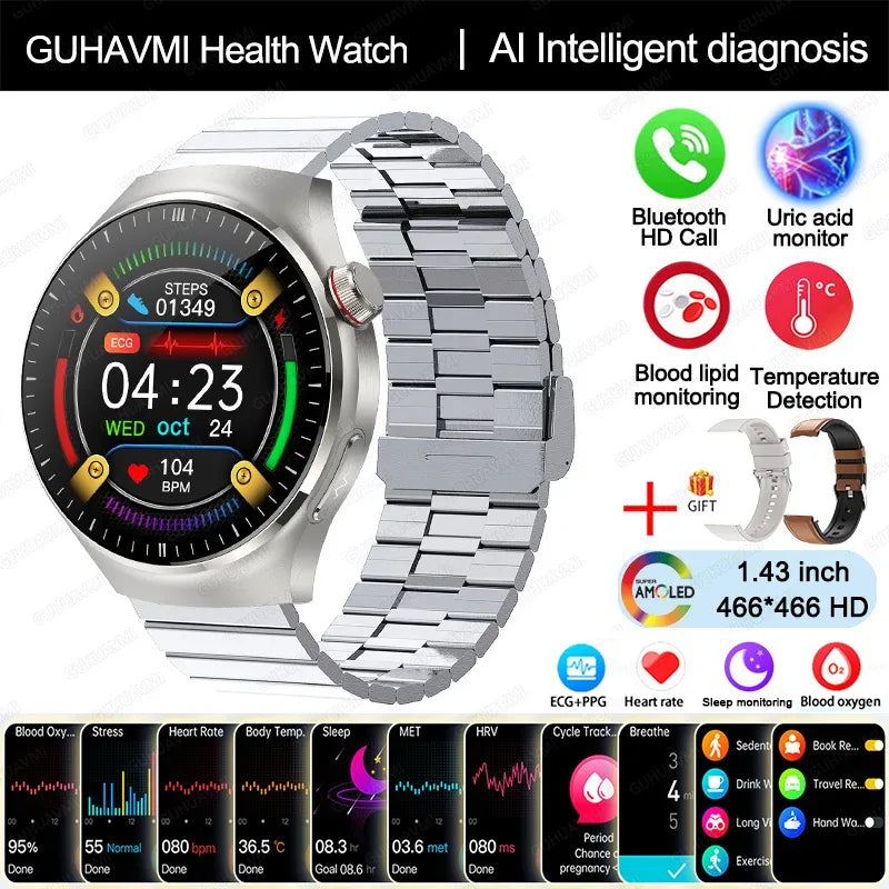 2025 New Nursing Grade Smart Watch Blood oxygen Blood Lipid Uric Acid ECG+PPG Body Temperature Bluetooth Call Health Smartwatch - Wear444
