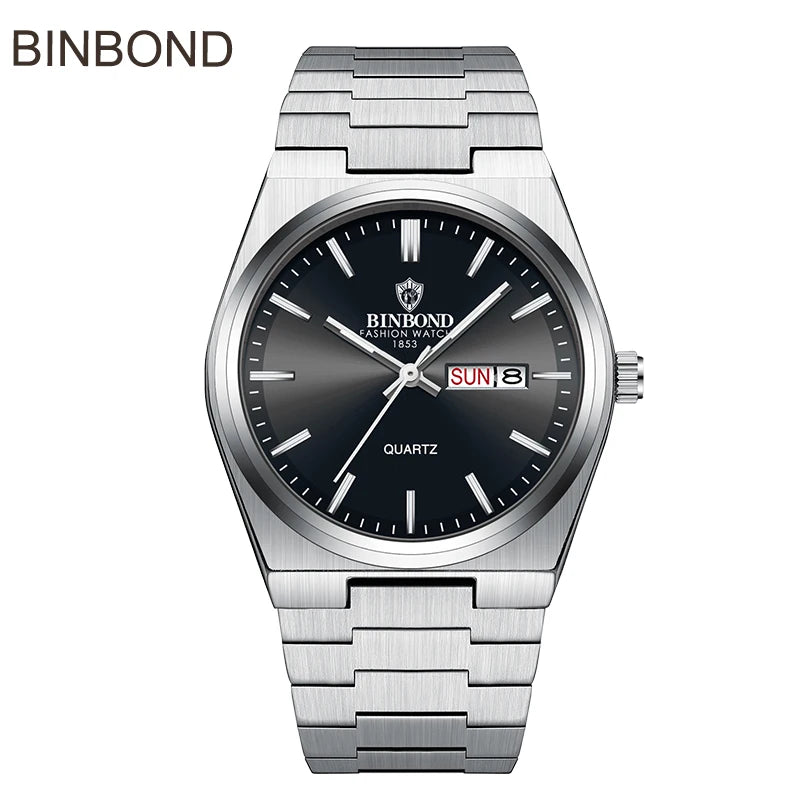 BINBOND Top Brand Luxury Men Quartz Watches Original Watch for Man Waterproof Luminous Date Week Stainless Steel Wristwatch Male